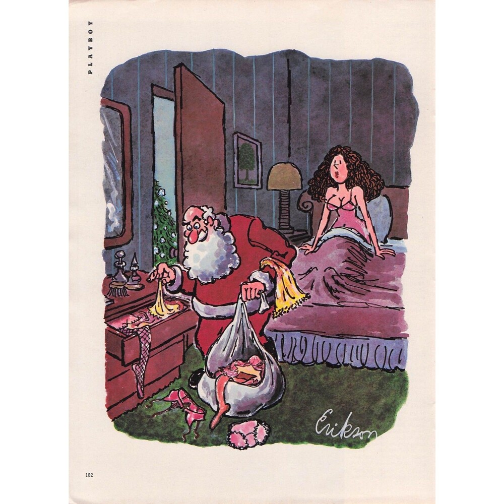 Vintage Cartoon Art funny humor Christmas Santa Naughty bra Erikson Stealing